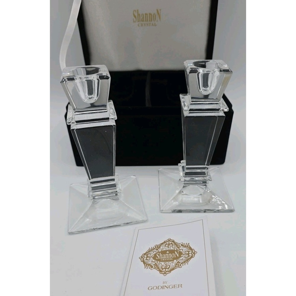 Vintage Art Deco Style Crystal Candlestick Pair Shannon Godinger Ireland 5.5"